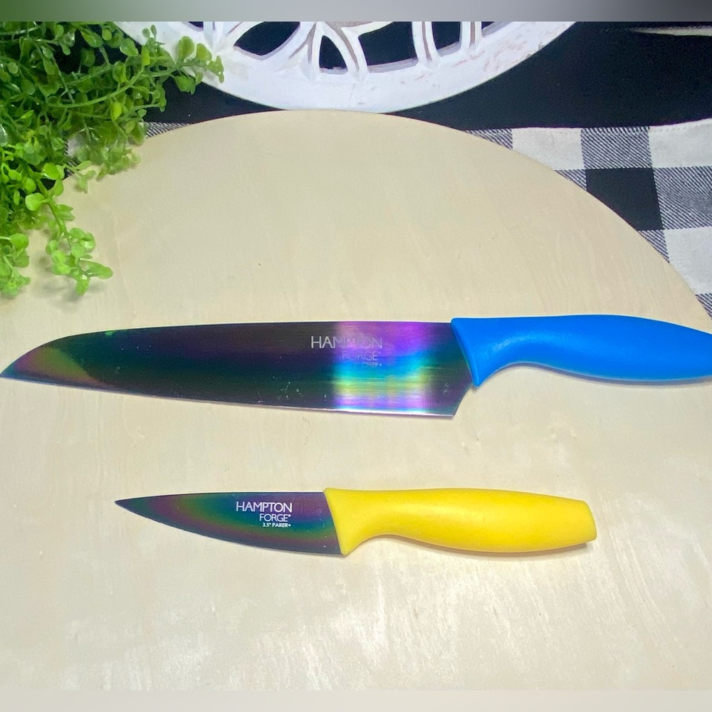 Rainbow Chef and Paring Knife‎ Set - Blue 8”Chef and 3.5” Paper Yellow